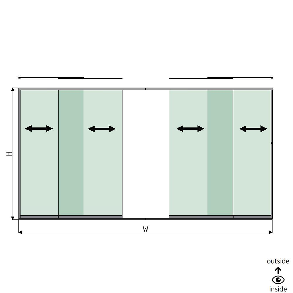 SunView Modell 1 Links/Rechts/Öffnung 2-spurig volle Höhe L=xxxxmm (max. 5000mm) H=xxxxmm (max. 2600mm), Aluminium natur eloxiert (exkl. Schlösser, Mitnehmer und Glas)