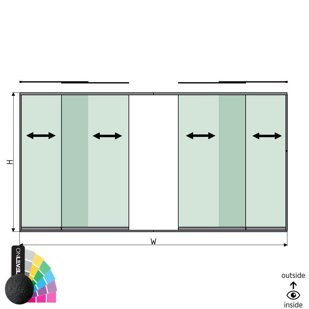 SunView Modell 1 Links/Rechts/Öffnung 2-spurig volle Höhe L=xxxxmm (max. 5000mm) H=xxxxmm (max. 2600mm), Alum. RAL struktur (exkl. Schlösser, Mitnehmer und Glas)