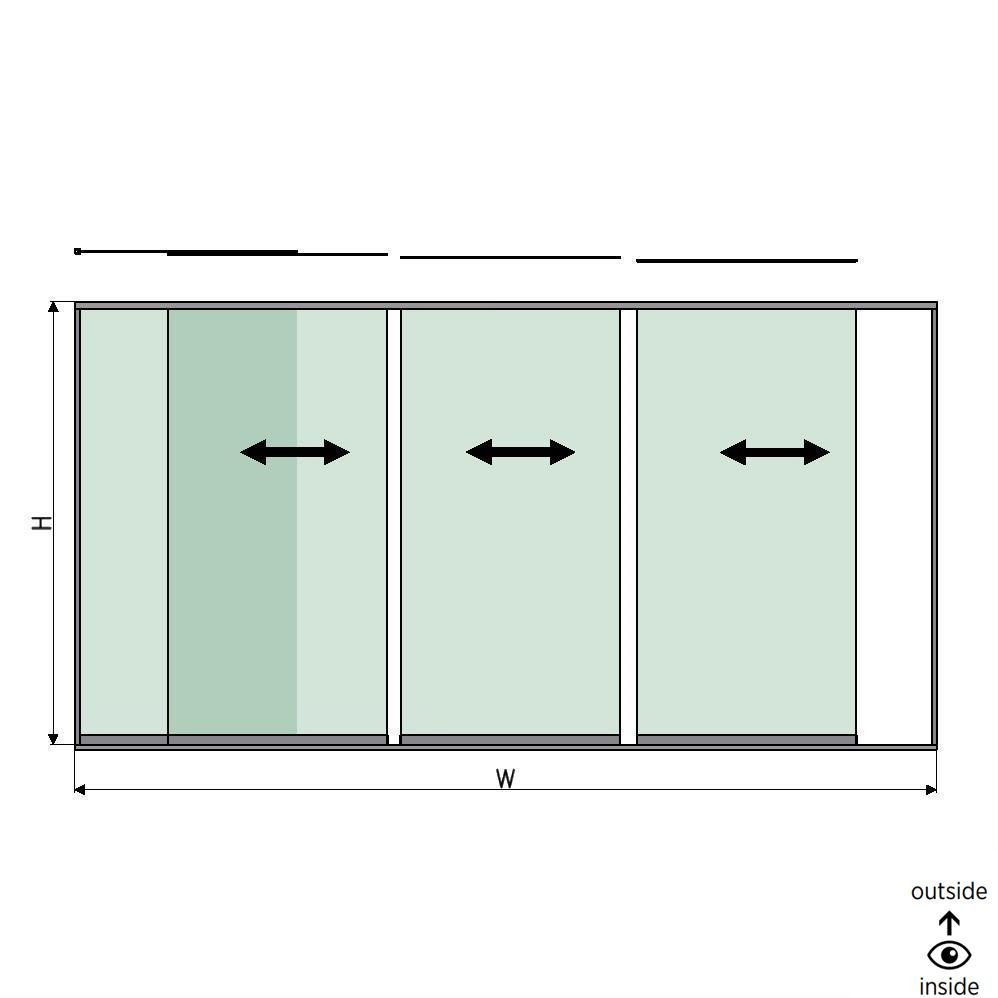 SunView modèle 1 ouverture à gauche 4-voies pleine hauteur L=xxxxmm (max. 5000mm) H=xxxxmm (max. 2600mm), aluminium anodisé (à l’exclusion des serrures, des conducteurs et des vitres)