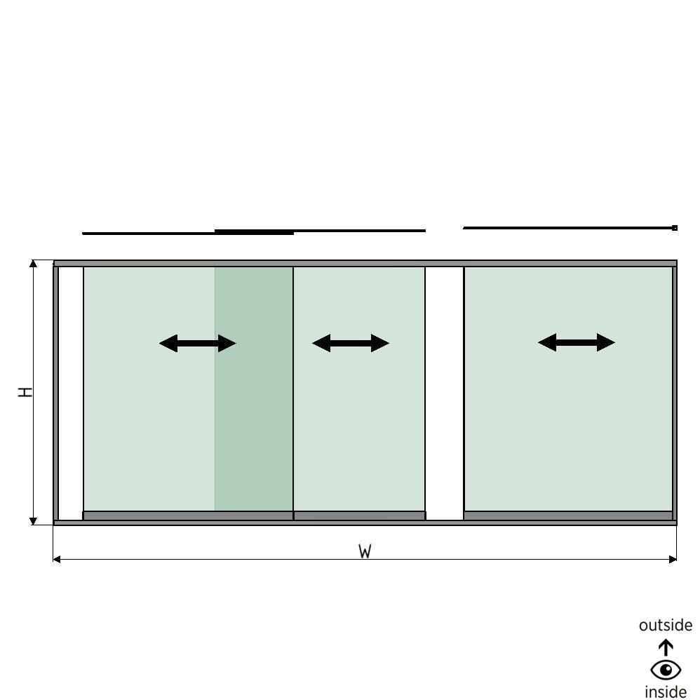 SunView modell 1 høyre åpning 3-felts halv høyde L=xxxxmm (max. 4500mm) H=xxxxmm (max. 1700mm), aluminium natur eloksert (unntatt låser, drivere og glass)