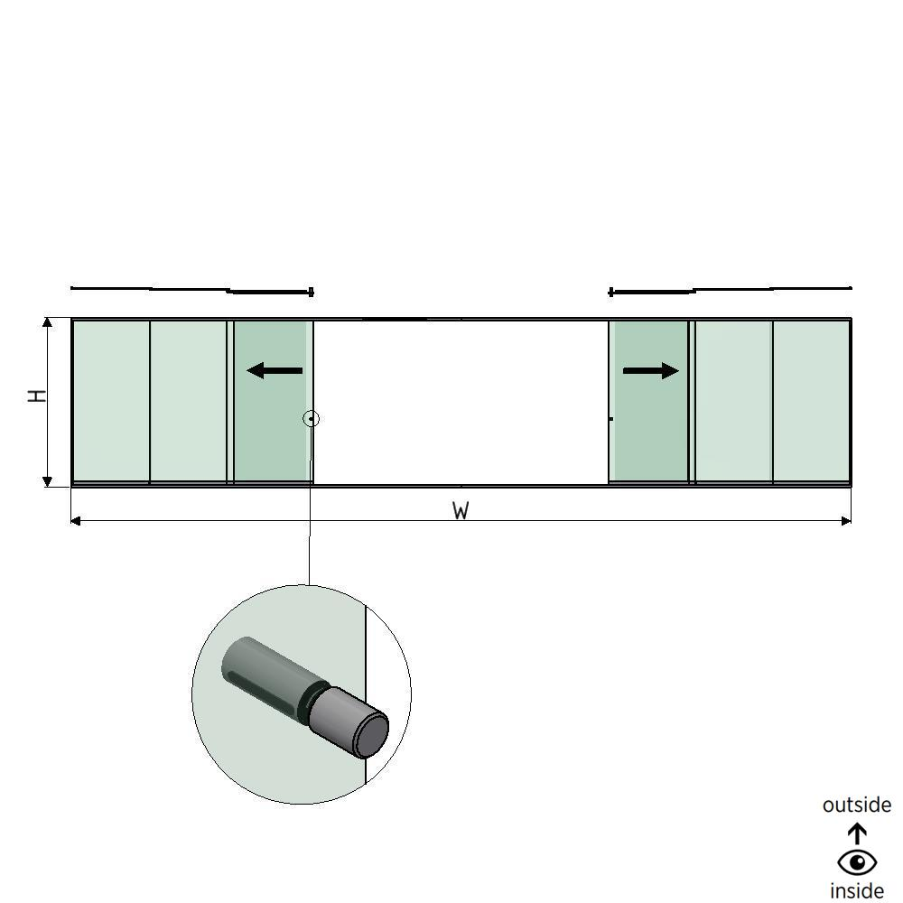 SunView model 2 venstre/højre åbning 5-sporet fuld højde L=xxxxmm (max. 15000mm) H=xxxxmm (max. 2600mm), aluminium natur anodiseret (inkl. rustfrit stål dørgreb og drivere ekskl. låse og glas)