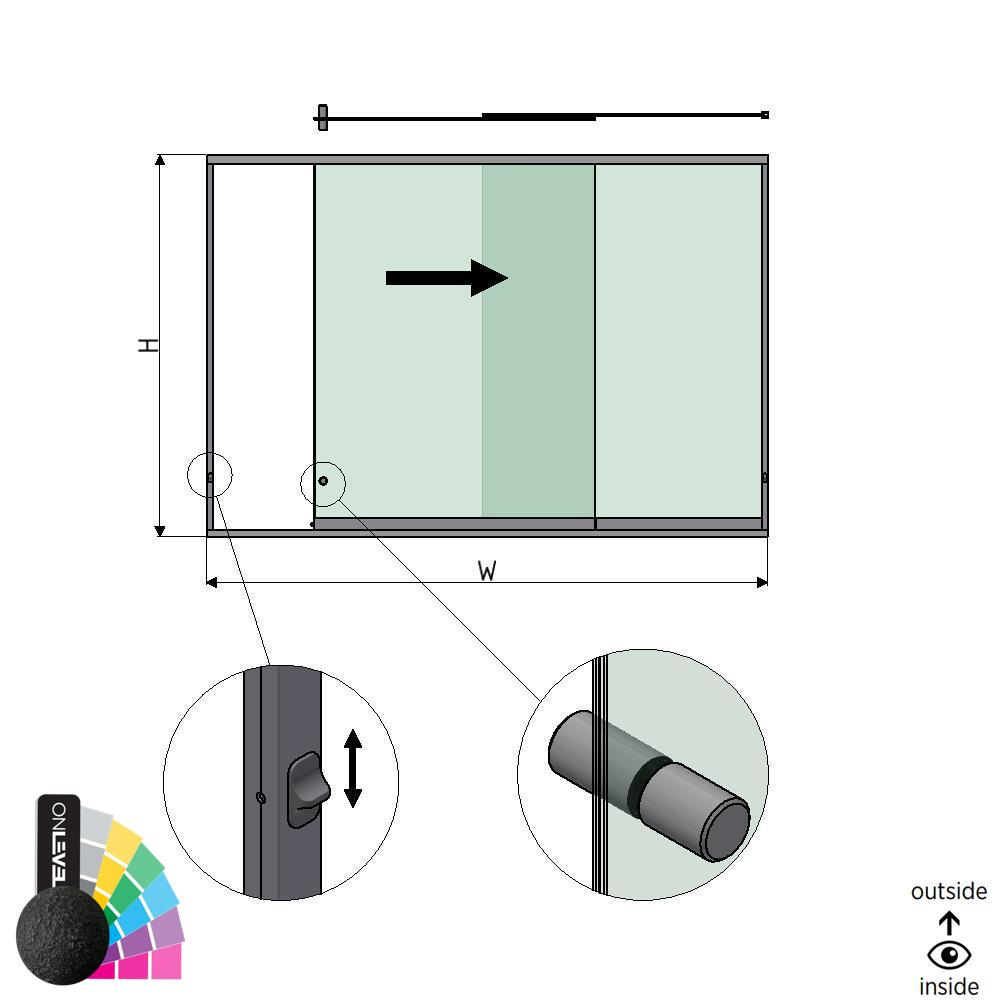 SunView Modell 3 rechte Öffnung 2-spurig halbe Höhe L=xxxxmm (max. 3000mm) H=xxxxmm (max. 1700mm), Alum. RAL struktur (inkl. Schlösser, Edelstah-Türgriff und Mitnehmer exkl. Glas)