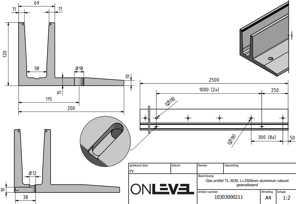 TL-3030 Glass profile L=2500mm aluminum natural anodized