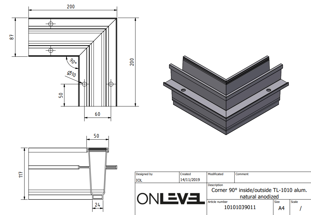 TL-1010 Corner 90° inside/outside alum. natural anodized