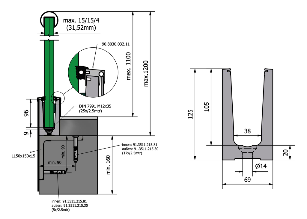 Glas Profil TL-6030, L=2500mm Aluminium natur eloxiert