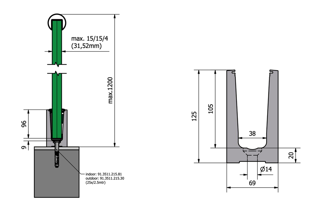 Glas Profil TL-6030, L=2500mm Aluminium natur eloxiert
