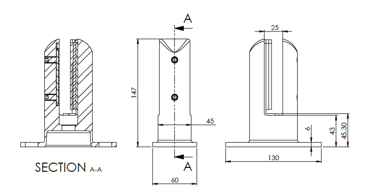 Glas bodemklem H=147mm glas 12-21.52mm, rvs 2205 geborsteld
