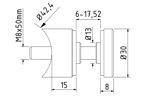 TL-2030 Glas adapt. Ø30mm aansl. Ø42.4mm rvs 316 geborsteld