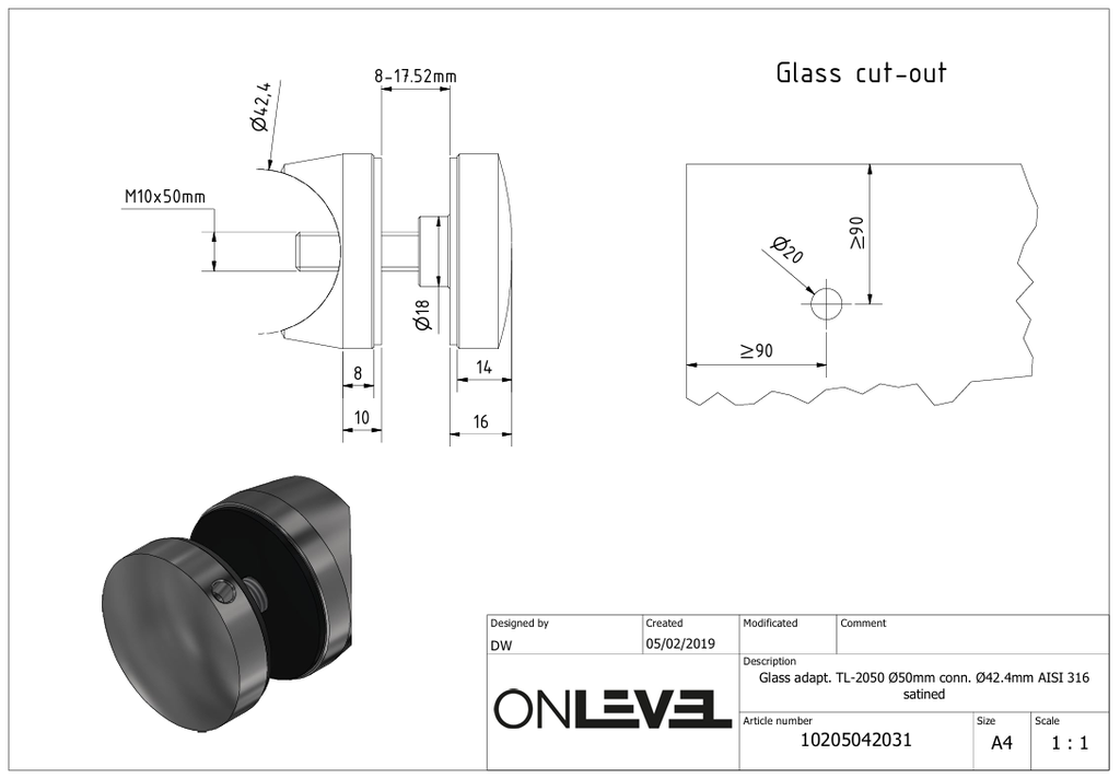 TL-2050 Glass adapt. Ø50mm conn. Ø42.4mm AISI 316 satined
