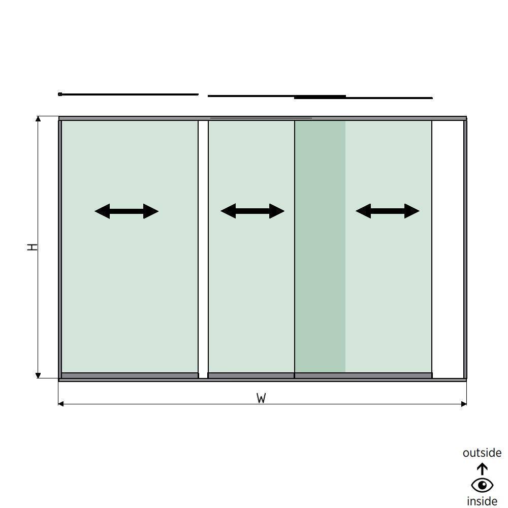 SunView model 1 venstre åbning 3-sporet fuld højde L=xxxxmm (max. 4000mm) H=xxxxmm (max. 2600mm), aluminium natur anodiseret (ekskl. låse, drivere og glas)