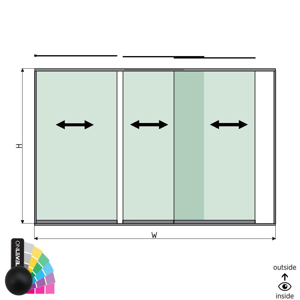 SunView Modell 1 linke Öffnung 3-spurig volle Höhe L=xxxxmm (max. 4000mm) H=xxxxmm (max. 2600mm), Alum. RAL matt (exkl. Schlösser, Mitnehmer und Glas)
