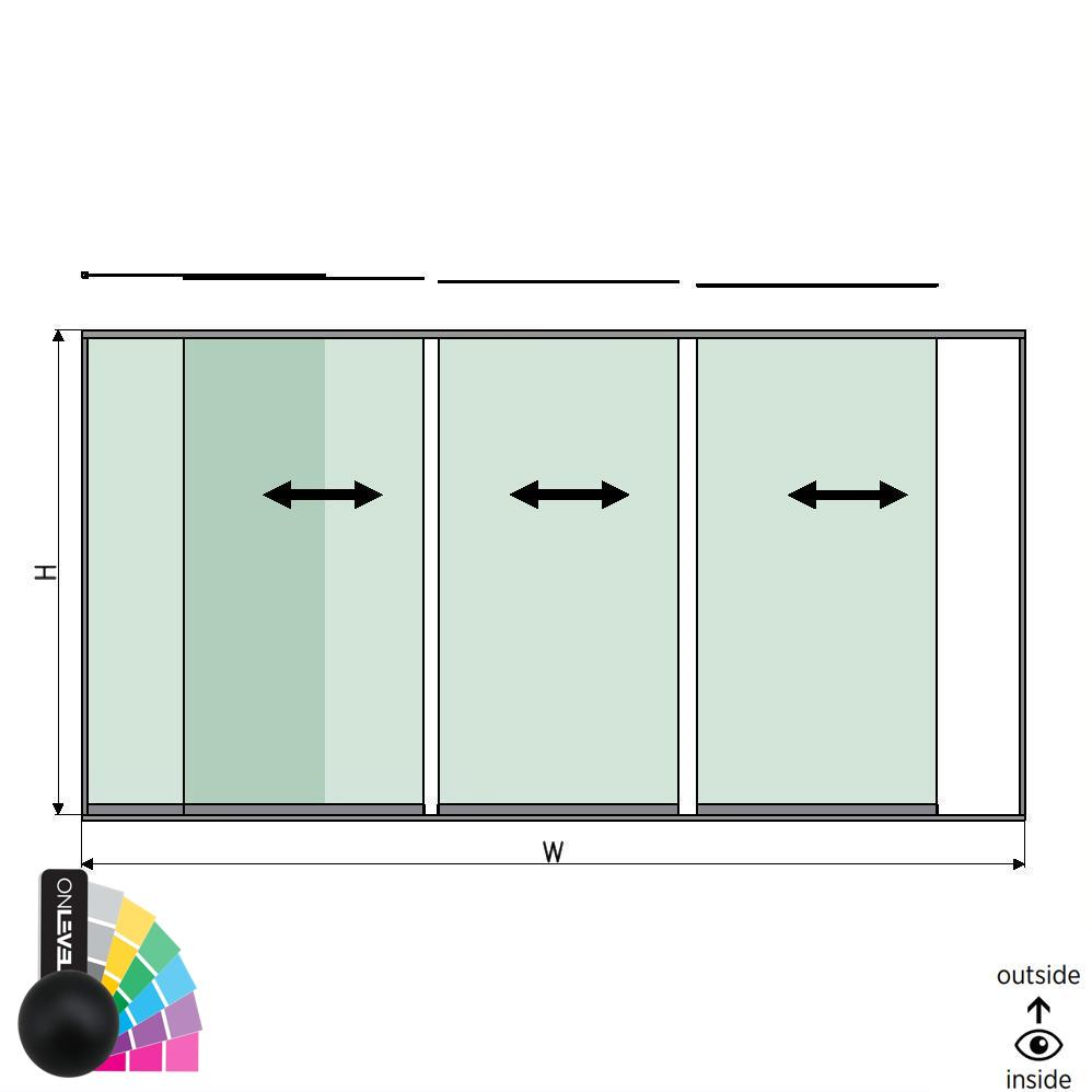 SunView Modell 1 linke Öffnung 4-spurig volle Höhe L=xxxxmm (max. 5000mm) H=xxxxmm (max. 2600mm), Alum. RAL matt (exkl. Schlösser, Mitnehmer und Glas)