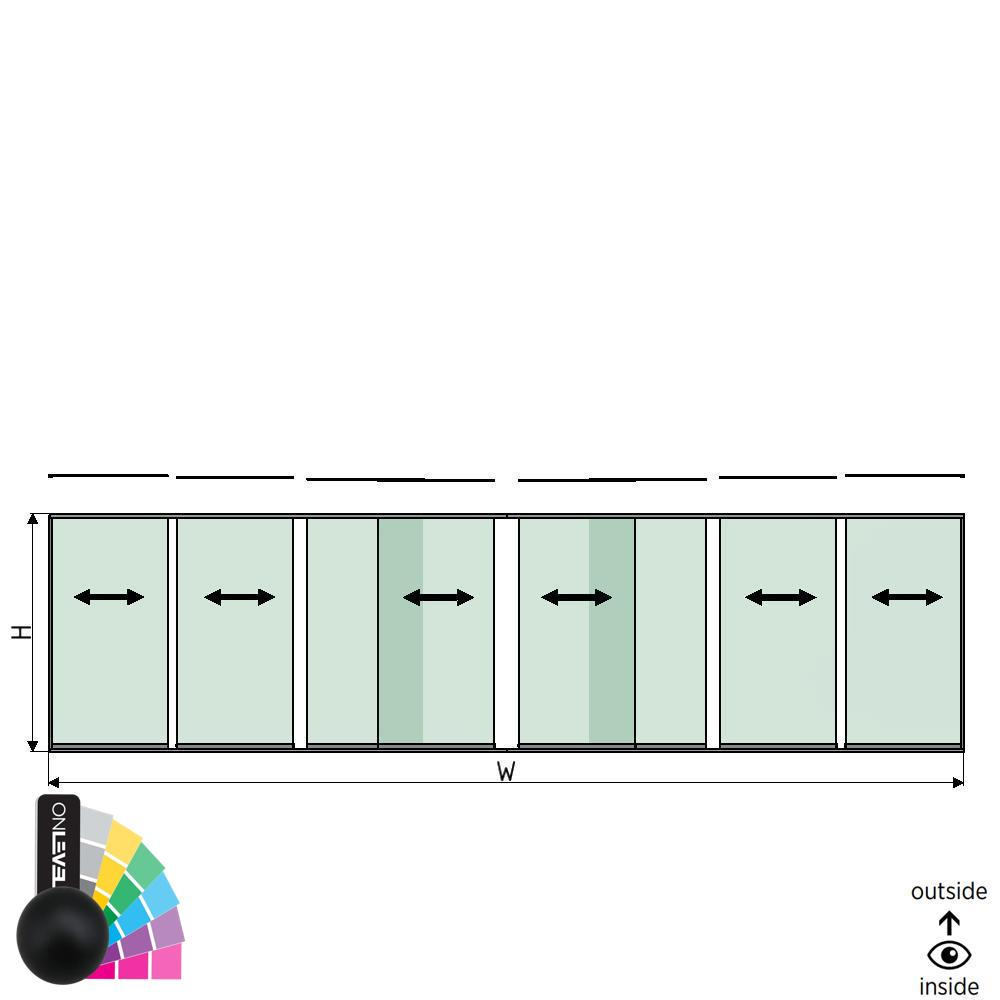 SunView Modell 1 Links/Rechts/Öffnung 4-spurig volle Höhe L=xxxxmm (max. 10000mm) H=xxxxmm (max. 2600mm), Alum. RAL matt (exkl. Schlösser, Mitnehmer und Glas)