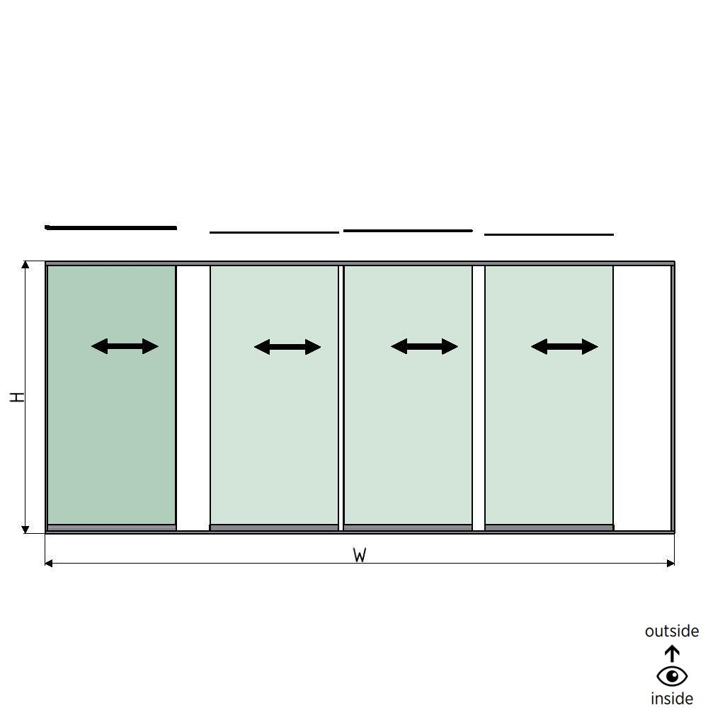 SunView Modell 1 linke Öffnung 5-spurig volle Höhe L=xxxxmm (max. 6000mm) H=xxxxmm (max. 2600mm), Aluminium natur eloxiert (exkl. Schlösser, Mitnehmer und Glas)