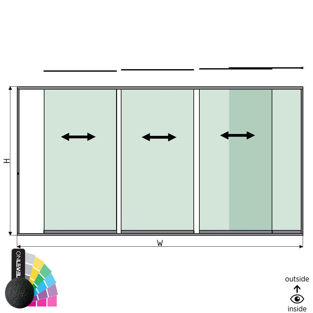 SunView modèle 1 ouverture à droite 4-voies pleine hauteur L=xxxxmm (max. 5000mm) H=xxxxmm (max. 2600mm), alum. RAL rugueux (à l’exclusion des serrures, des conducteurs et des vitres)