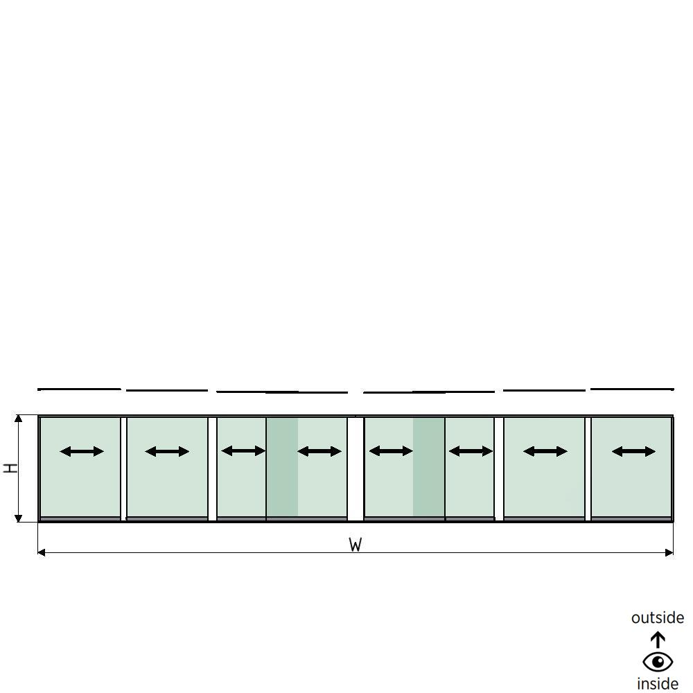 SunView Modell 1 Links/Rechts/Öffnung 4-spurig halbe Höhe L=xxxxmm (max. 12000mm) H=xxxxmm (max. 1700mm), Aluminium natur eloxiert (exkl. Schlösser, Mitnehmer und Glas)
