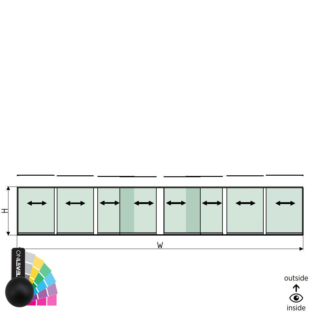 SunView Modell 1 Links/Rechts/Öffnung 4-spurig halbe Höhe L=xxxxmm (max. 12000mm) H=xxxxmm (max. 1700mm), Alum. RAL matt (exkl. Schlösser, Mitnehmer und Glas)