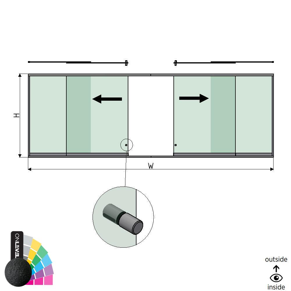 SunView model 2 links/rechts opening 2-baans halve hoogte L=xxxxmm (max. 6000mm) H=xxxxmm (max. 1700mm), aluminium RAL structuur (incl. rvs deurgreep en meenemers excl. sloten en glas)