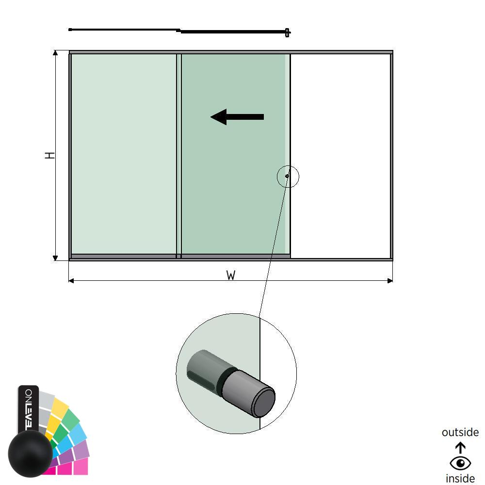 SunView Modell 2 linke Öffnung 3-spurig volle Höhe L=xxxxmm (max. 4500mm) H=xxxxmm (max. 2600mm), Aluminium RAL matt (inkl. Edelstahl-Türgriff und Mitnehmer exkl. Schlösser und Glas)