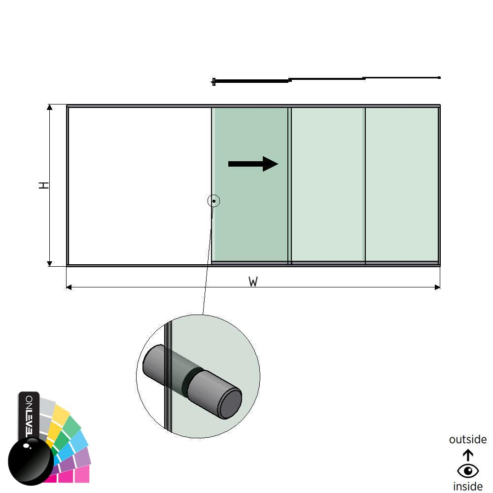 SunView Modell 2 rechte Öffnung 5-spurig volle Höhe L=xxxxmm (max. 7500mm) H=xxxxmm (max. 2600mm), Aluminium RAL glänzend (inkl. Edelstahl-Türgriff und Mitnehmer exkl. Schlösser und Glas)