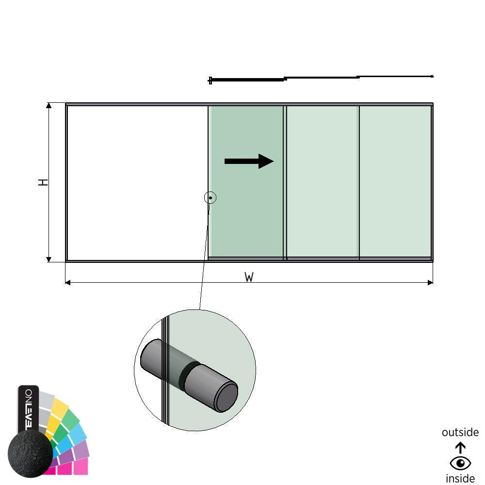 SunView Modell 2 rechte Öffnung 5-spurig volle Höhe L=xxxxmm (max. 7500mm) H=xxxxmm (max. 2600mm), Alum. RAL struktur (inkl. Edelstahl-Türgriff und Mitnehmer exkl. Schlösser und Glas)