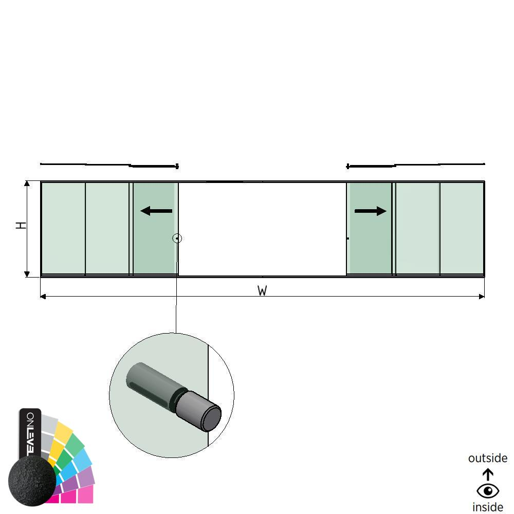SunView model 2 links/rechts opening 5-baans volledige hoogte L=xxxxmm (max. 15000mm) H=xxxxmm (max. 2600mm), aluminium RAL structuur (incl. rvs deurgreep en meenemers excl. sloten en glas)