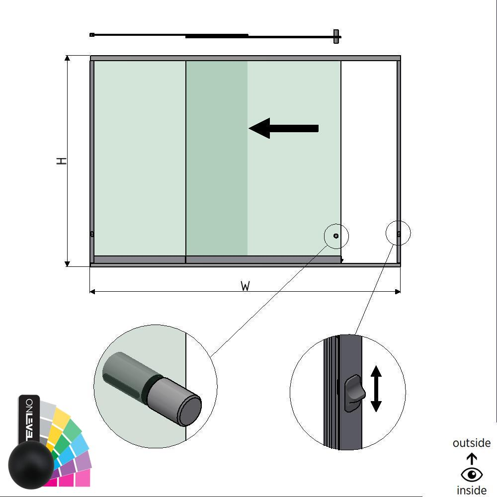 SunView modèle 3 ouverture à gauche 2-voies demi-hauteur L=xxxxmm (max. 3000mm) H=xxxxmm (max. 1700mm), aluminium RAL mat (y compris les serrures, acier inox. la poignée de porte et les haut-parleurs, à l’exclusion des vitres)