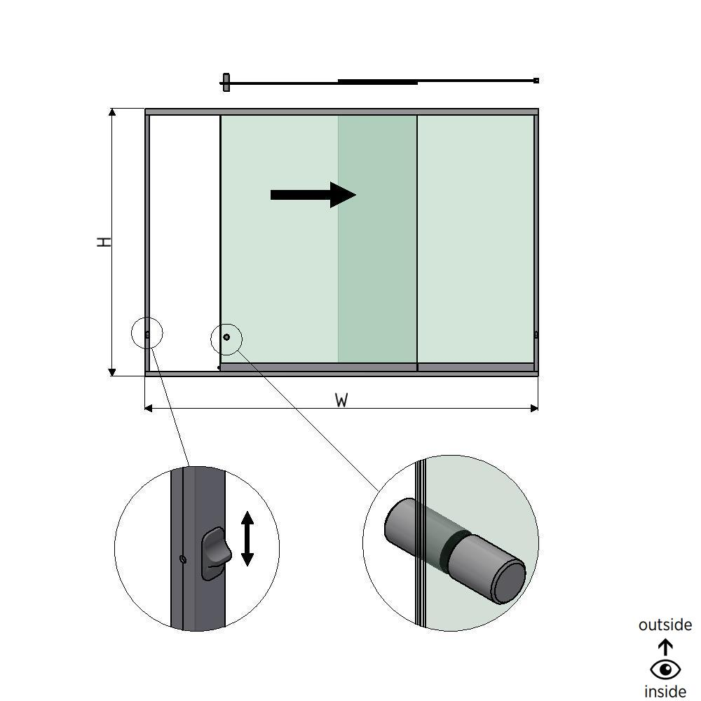 SunView modèle 3 ouverture à droite 2-voies demi-hauteur L=xxxxmm (max. 3000mm) H=xxxxmm (max. 1700mm), aluminium anodisé naturel (y compris les serrures, acier inox. la poignée de porte et les haut-parleurs, à l’exclusion des vitres)