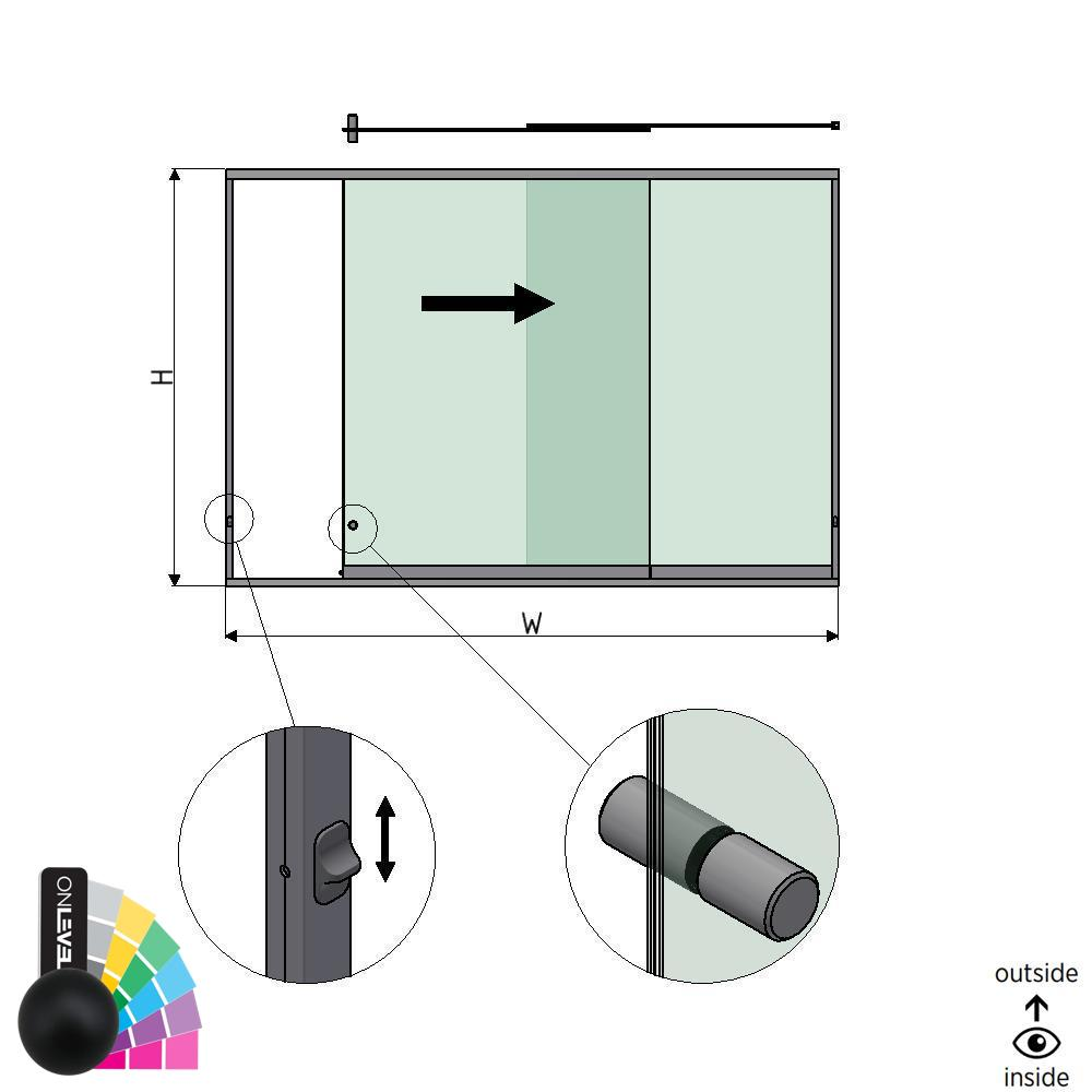 SunView Modell 3 rechte Öffnung 2-spurig halbe Höhe L=xxxxmm (max. 3000mm) H=xxxxmm (max. 1700mm), Aluminium RAL matt (inkl. Schlösser, Edelstah-Türgriff und Mitnehmer exkl. Glas)