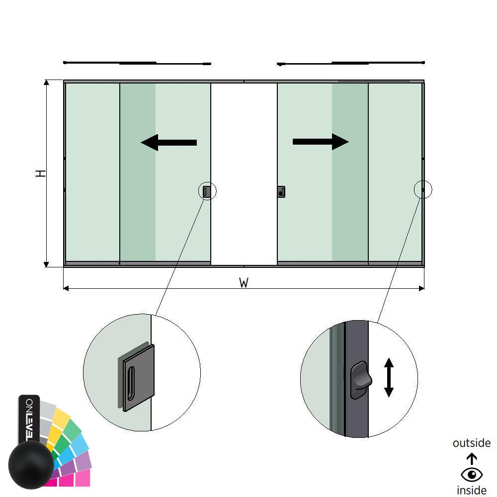 SunView model 3 left/right opening 2-lanes full height L=xxxxmm (max. 6000mm) H=xxxxmm (max. 2600mm), aluminum RAL matt (incl. locks, stainless steel doorhandle and drivers excl. glass)