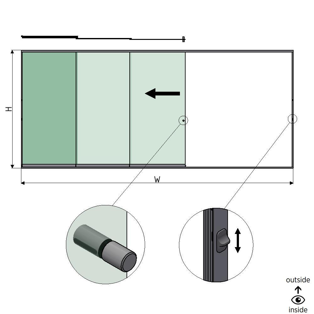 SunView model 3 left opening 5-lanes full height L=xxxxmm (max. 7500mm) H=xxxxmm (max. 2600mm), aluminum natural anodized (incl. locks, stainless steel doorhandle and drivers excl. glass)