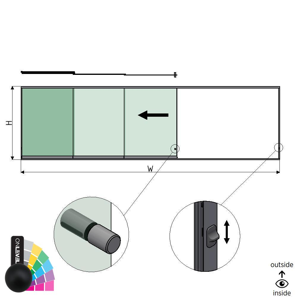 SunView model 3 left opening 5-lanes half height L=xxxxmm (max. 7500mm) H=xxxxmm (max. 1700mm), aluminum RAL matt (incl. locks, stainless steel doorhandle and drivers excl. glass)