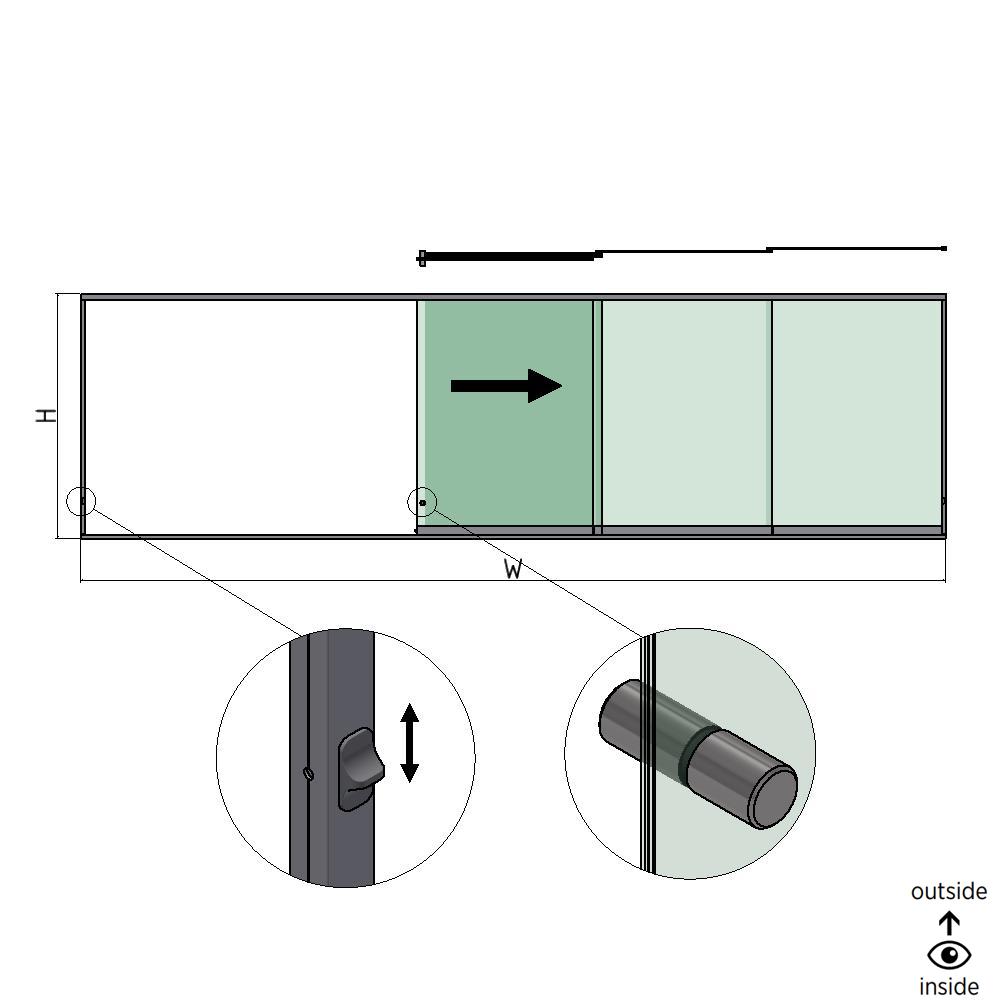 SunView model 3 right opening 5-lanes half height L=xxxxmm (max. 7500mm) H=xxxxmm (max. 1700mm), aluminum natural anodized (incl. locks, stainless steel doorhandle and drivers excl. glass)