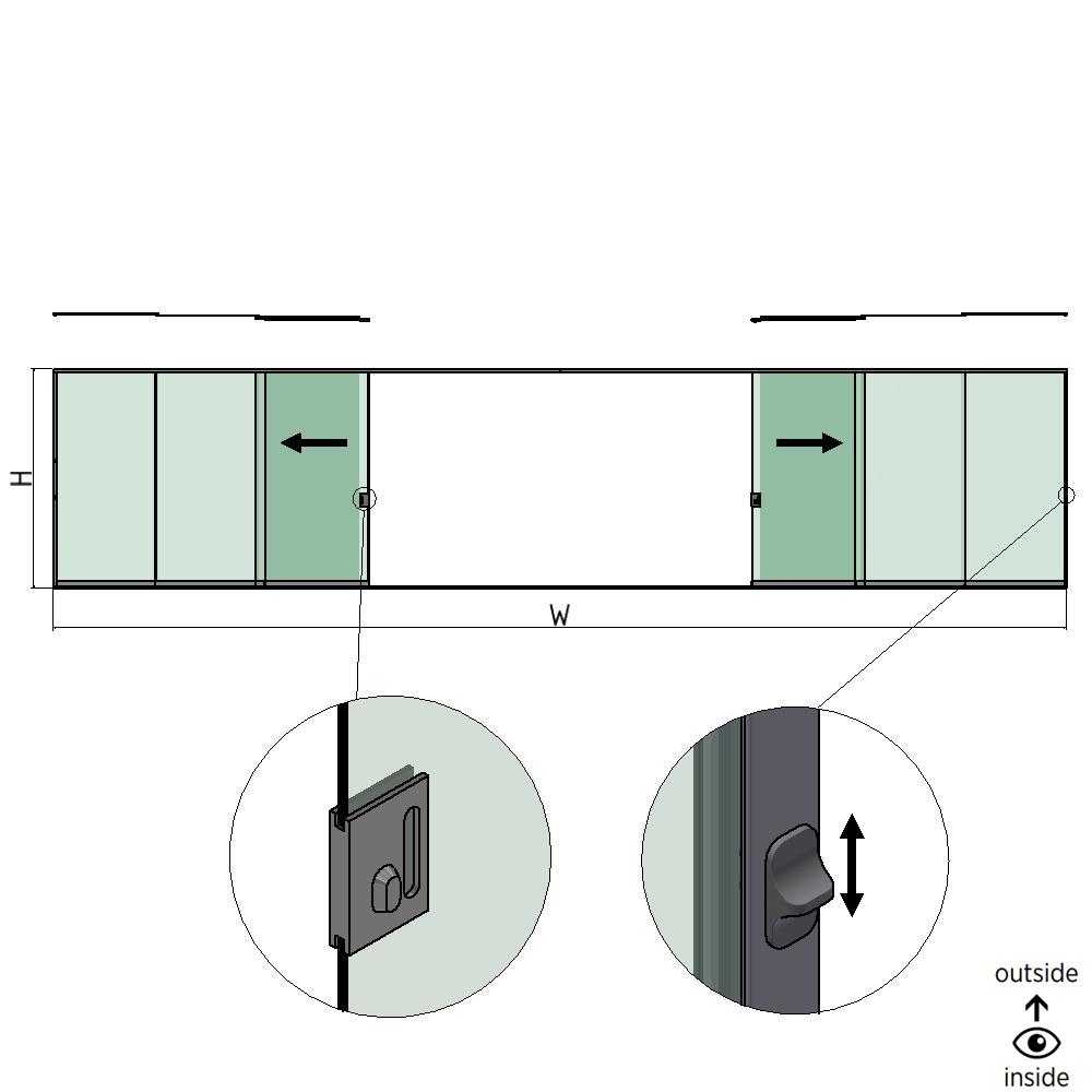 SunView model 3 left/right opening 5-lanes full height L=xxxxmm (max. 15000mm) H=xxxxmm (max. 2600mm), aluminum natural anodized (incl. locks, stainless steel doorhandle and drivers excl. glass)