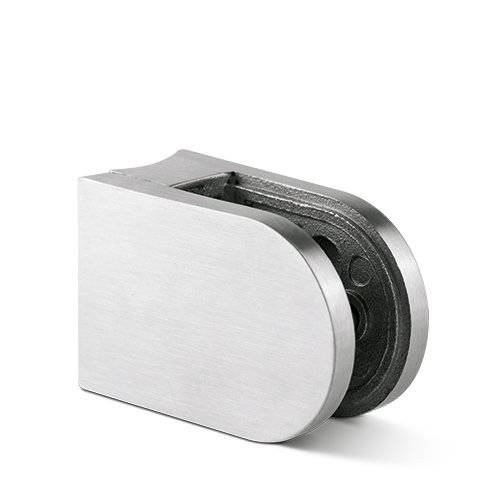 Glassclamp D-shape 63x45mm connection Ø42.4mm glass 8-12.76mm incl. security pin, AISI 304 satined (discontinued product until 30/06/2026 or while stocks last)