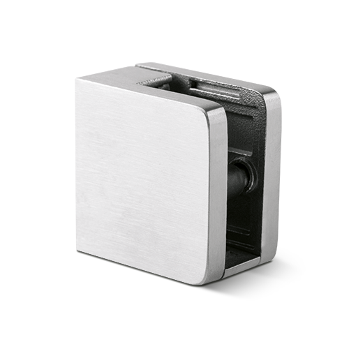 Pince à verre carré 45x45mm, connexion plat verre 8-10.76mm comp. broche de verr. et support de verre, inox 304 brossé