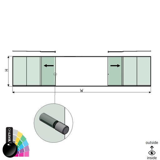 [30252000013] SunView model 2 venstre/højre åbning 5-sporet fuld højde L=xxxxmm (max. 15000mm) H=xxxxmm (max. 2600mm), aluminium RAL skinnende (inkl. dørgreb og drivere ekskl. låse og glas)