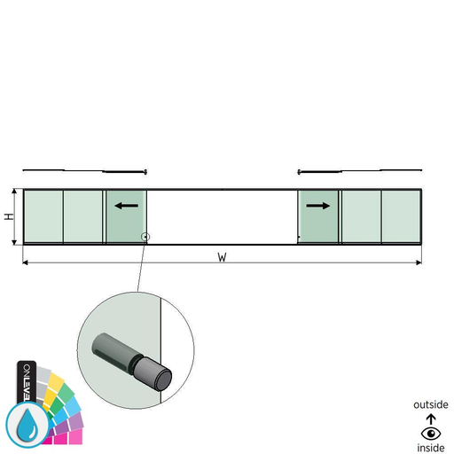 [30252001019] SunView modell 2 vänster/höger öppning 5-körfält halv höjd L=xxxxmm (max. 15000mm) H=xxxxmm (max. 1700mm), aluminium ARMOR RAL (inkl. dörrhandtag och drivdon exkl. lås och glas)
