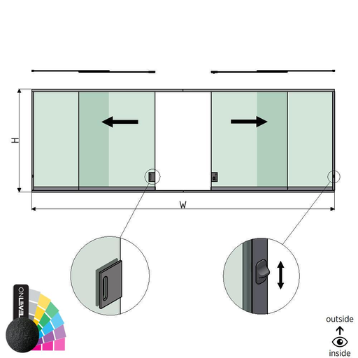 [30342001016] SunView model 3 left/right opening 4-lanes half height L=xxxxmm (max. 12000mm) H=xxxxmm (max. 1700mm), aluminum RAL structure (incl. locks, doorhandle and drivers excl. glass)