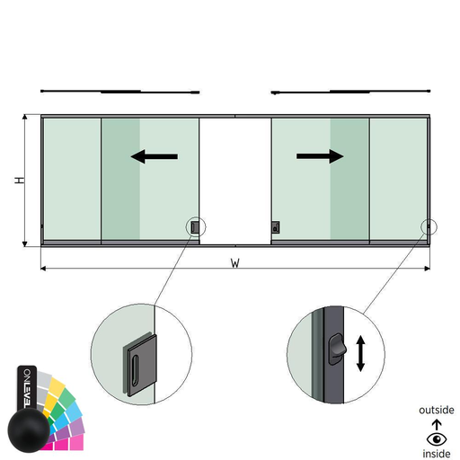 [30342001018] SunView model 3 left/right opening 4-lanes half height L=xxxxmm (max. 12000mm) H=xxxxmm (max. 1700mm), aluminum RAL matt (incl. locks, doorhandle and drivers excl. glass)