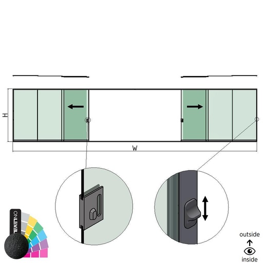 [30352000016] SunView modell 3 venstre/høyre åpning 5-felts full høyde L=xxxxmm (max. 15000mm) H=xxxxmm (max. 2600mm), aluminum RAL strukturerert (inkl. låser, dørhåndtak og drivere unntatt glass)